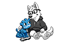 Illus. Diego Rago: a white anthro dog in a hacker hoodie and glasses walking their blue godot robot dog