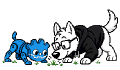 Illus. Moritz Voss: a white anthro dog in a hacker hoodie and their robot dog sniffing the ground