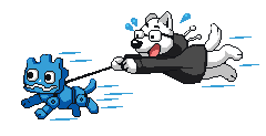 Illus. Diego Rago: a white anthro dog in a hacker hoodie getting pulled on the leash by their blue robot dog