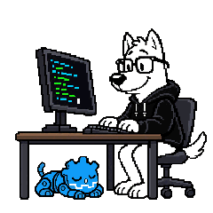 Illus. Moritz Voss: a white anthro dog in a hacker hoodie getting pulled on the leash by their blue robot dog