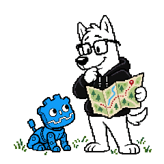 Illus. Moritz Voss: a white anthro dog in a hacker hoodie and their blue robot dog checking a trail map