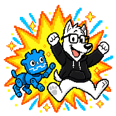 Illus. Moritz Voss: a white anthro dog in a hacker hoodie and glasses walking their blue godot robot dog