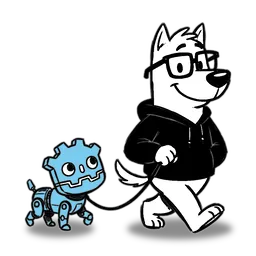 a white anthro dog in a hacker hoodie and glasses walking their blue godot robot dog
